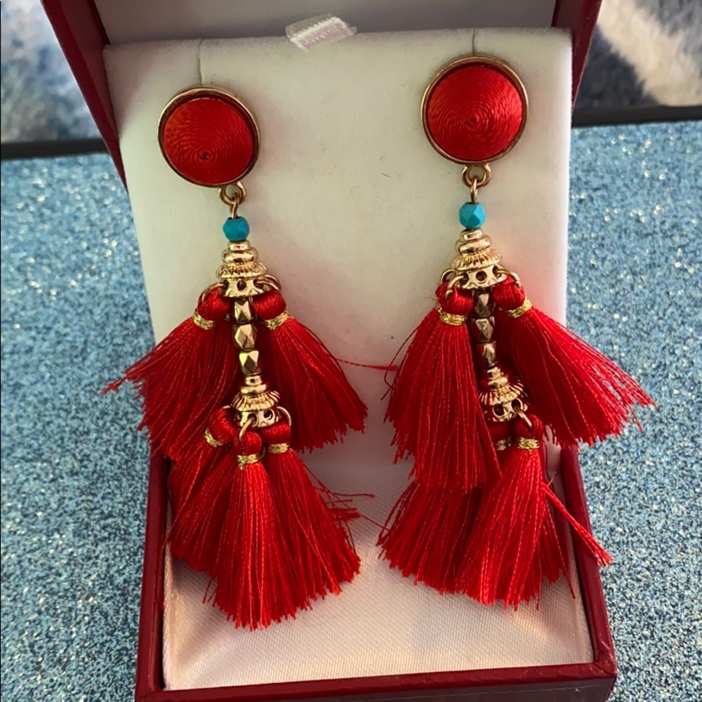 Gorgeous red tassel earrings with blue bead & gold